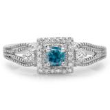 0.40 Carat (ctw) 14K White Gold Round Cut Blue & White Diamond Ladies Bridal Vintage Halo Style Engagement Ring