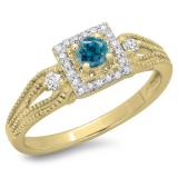 0.40 Carat (ctw) 14K Yellow Gold Round Cut Blue & White Diamond Ladies Bridal Vintage Halo Style Engagement Ring