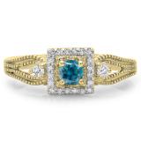 0.40 Carat (ctw) 14K Yellow Gold Round Cut Blue & White Diamond Ladies Bridal Vintage Halo Style Engagement Ring