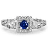 0.40 Carat (ctw) 10K White Gold Round Cut Blue Sapphire & White Diamond Ladies Bridal Vintage Halo Style Engagement Ring