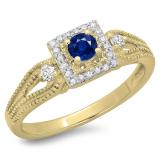 0.40 Carat (ctw) 14K Yellow Gold Round Cut Blue Sapphire & White Diamond Ladies Bridal Vintage Halo Style Engagement Ring