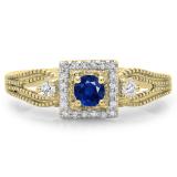 0.40 Carat (ctw) 14K Yellow Gold Round Cut Blue Sapphire & White Diamond Ladies Bridal Vintage Halo Style Engagement Ring