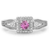 0.40 Carat (ctw) 14K White Gold Round Cut Pink Sapphire & White Diamond Ladies Bridal Vintage Halo Style Engagement Ring