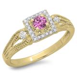 0.40 Carat (ctw) 18K Yellow Gold Round Cut Pink Sapphire & White Diamond Ladies Bridal Vintage Halo Style Engagement Ring