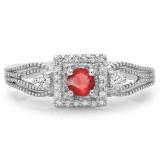 0.40 Carat (ctw) 10K White Gold Round Cut Red Ruby & White Diamond Ladies Bridal Vintage Halo Style Engagement Ring