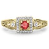 0.40 Carat (ctw) 10K Yellow Gold Round Cut Red Ruby & White Diamond Ladies Bridal Vintage Halo Style Engagement Ring
