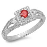 0.40 Carat (ctw) 14K White Gold Round Cut Red Ruby & White Diamond Ladies Bridal Vintage Halo Style Engagement Ring
