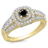 1.00 Carat (ctw) 10K Yellow Gold Round Cut Black & White Diamond Ladies Vintage Style Bridal Halo Engagement Ring 1 CT