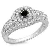 1.00 Carat (ctw) 14K White Gold Round Cut Black & White Diamond Ladies Vintage Style Bridal Halo Engagement Ring 1 CT