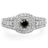 1.00 Carat (ctw) 14K White Gold Round Cut Black & White Diamond Ladies Vintage Style Bridal Halo Engagement Ring 1 CT