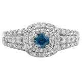 1.00 Carat (ctw) 14K White Gold Round Cut Blue & White Diamond Ladies Vintage Style Bridal Halo Engagement Ring 1 CT