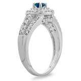 1.00 Carat (ctw) 14K White Gold Round Cut Blue & White Diamond Ladies Vintage Style Bridal Halo Engagement Ring 1 CT
