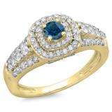 1.00 Carat (ctw) 14K Yellow Gold Round Cut Blue & White Diamond Ladies Vintage Style Bridal Halo Engagement Ring 1 CT