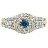 1.00 Carat (ctw) 14K Yellow Gold Round Cut Blue & White Diamond Ladies Vintage Style Bridal Halo Engagement Ring 1 CT