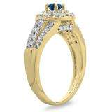 1.00 Carat (ctw) 14K Yellow Gold Round Cut Blue & White Diamond Ladies Vintage Style Bridal Halo Engagement Ring 1 CT