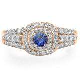 1.00 Carat (ctw) 10K Rose Gold Round Cut Blue Sapphire & White Diamond Ladies Vintage Style Bridal Halo Engagement Ring 1 CT