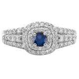 1.00 Carat (ctw) 10K White Gold Round Cut Blue Sapphire & White Diamond Ladies Vintage Style Bridal Halo Engagement Ring 1 CT