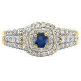 1.00 Carat (ctw) 10K Yellow Gold Round Cut Blue Sapphire & White Diamond Ladies Vintage Style Bridal Halo Engagement Ring 1 CT