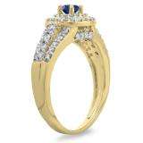 1.00 Carat (ctw) 10K Yellow Gold Round Cut Blue Sapphire & White Diamond Ladies Vintage Style Bridal Halo Engagement Ring 1 CT