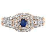 1.00 Carat (ctw) 14K Rose Gold Round Cut Blue Sapphire & White Diamond Ladies Vintage Style Bridal Halo Engagement Ring 1 CT