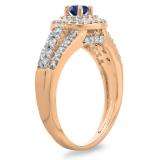 1.00 Carat (ctw) 14K Rose Gold Round Cut Blue Sapphire & White Diamond Ladies Vintage Style Bridal Halo Engagement Ring 1 CT