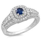 1.00 Carat (ctw) 14K White Gold Round Cut Blue Sapphire & White Diamond Ladies Vintage Style Bridal Halo Engagement Ring 1 CT
