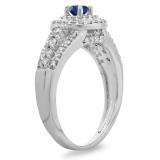 1.00 Carat (ctw) 14K White Gold Round Cut Blue Sapphire & White Diamond Ladies Vintage Style Bridal Halo Engagement Ring 1 CT
