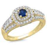 1.00 Carat (ctw) 14K Yellow Gold Round Cut Blue Sapphire & White Diamond Ladies Vintage Style Bridal Halo Engagement Ring 1 CT