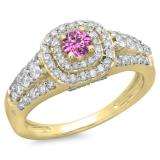 1.00 Carat (ctw) 10K Yellow Gold Round Cut Pink Sapphire & White Diamond Ladies Vintage Style Bridal Halo Engagement Ring 1 CT