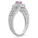 1.00 Carat (ctw) 14K White Gold Round Cut Pink Sapphire & White Diamond Ladies Vintage Style Bridal Halo Engagement Ring 1 CT