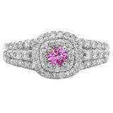 1.00 Carat (ctw) 18K White Gold Round Cut Pink Sapphire & White Diamond Ladies Vintage Style Bridal Halo Engagement Ring 1 CT