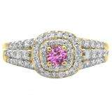 1.00 Carat (ctw) 18K Yellow Gold Round Cut Pink Sapphire & White Diamond Ladies Vintage Style Bridal Halo Engagement Ring 1 CT