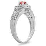 1.00 Carat (ctw) 10K White Gold Round Cut Red Ruby & White Diamond Ladies Vintage Style Bridal Halo Engagement Ring 1 CT
