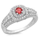 1.00 Carat (ctw) 14K White Gold Round Cut Red Ruby & White Diamond Ladies Vintage Style Bridal Halo Engagement Ring 1 CT