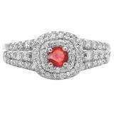 1.00 Carat (ctw) 14K White Gold Round Cut Red Ruby & White Diamond Ladies Vintage Style Bridal Halo Engagement Ring 1 CT