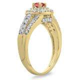 1.00 Carat (ctw) 14K Yellow Gold Round Cut Red Ruby & White Diamond Ladies Vintage Style Bridal Halo Engagement Ring 1 CT
