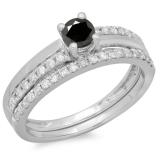 0.75 Carat (ctw) 14K White Gold Round Cut Black & White Diamond Ladies Bridal Engagement Ring With Matching Band Set 3/4 CT