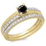 0.75 Carat (ctw) 18K Yellow Gold Round Cut Black & White Diamond Ladies Bridal Engagement Ring With Matching Band Set 3/4 CT