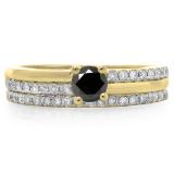 0.75 Carat (ctw) 18K Yellow Gold Round Cut Black & White Diamond Ladies Bridal Engagement Ring With Matching Band Set 3/4 CT