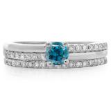 0.75 Carat (ctw) 10K White Gold Round Cut Blue & White Diamond Ladies Bridal Engagement Ring With Matching Band Set 3/4 CT
