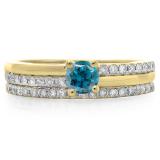 0.75 Carat (ctw) 10K Yellow Gold Round Cut Blue & White Diamond Ladies Bridal Engagement Ring With Matching Band Set 3/4 CT