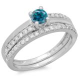 0.75 Carat (ctw) 14K White Gold Round Cut Blue & White Diamond Ladies Bridal Engagement Ring With Matching Band Set 3/4 CT