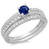 0.75 Carat (ctw) 10K White Gold Round Cut Blue Sapphire & White Diamond Ladies Bridal Engagement Ring With Matching Band Set 3/4 CT
