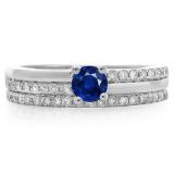 0.75 Carat (ctw) 10K White Gold Round Cut Blue Sapphire & White Diamond Ladies Bridal Engagement Ring With Matching Band Set 3/4 CT