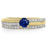 0.75 Carat (ctw) 18K Yellow Gold Round Cut Blue Sapphire & White Diamond Ladies Bridal Engagement Ring With Matching Band Set 3/4 CT