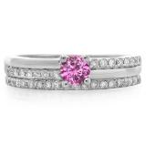 0.75 Carat (ctw) 10K White Gold Round Cut Pink Sapphire & White Diamond Ladies Bridal Engagement Ring With Matching Band Set 3/4 CT