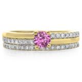 0.75 Carat (ctw) 14K Yellow Gold Round Cut Pink Sapphire & White Diamond Ladies Bridal Engagement Ring With Matching Band Set 3/4 CT