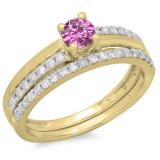 0.75 Carat (ctw) 18K Yellow Gold Round Cut Pink Sapphire & White Diamond Ladies Bridal Engagement Ring With Matching Band Set 3/4 CT