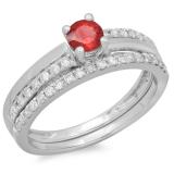 0.75 Carat (ctw) 10K White Gold Round Cut Red Ruby & White Diamond Ladies Bridal Engagement Ring With Matching Band Set 3/4 CT