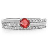 0.75 Carat (ctw) 10K White Gold Round Cut Red Ruby & White Diamond Ladies Bridal Engagement Ring With Matching Band Set 3/4 CT